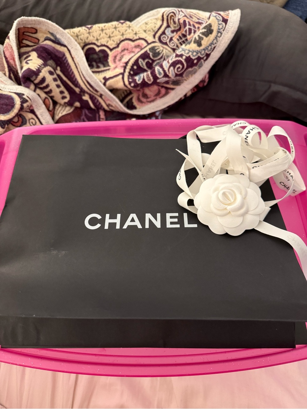 CHANEL Paper Shopping Tote Bag- 12 x 9.5 x 5- Black & White With Flower & Ribbon